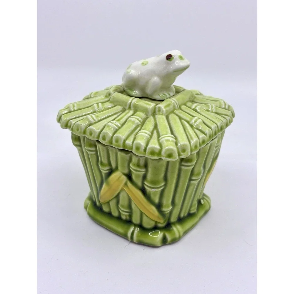 Vintage Ceramic Bamboo & Frog Lidded Jar